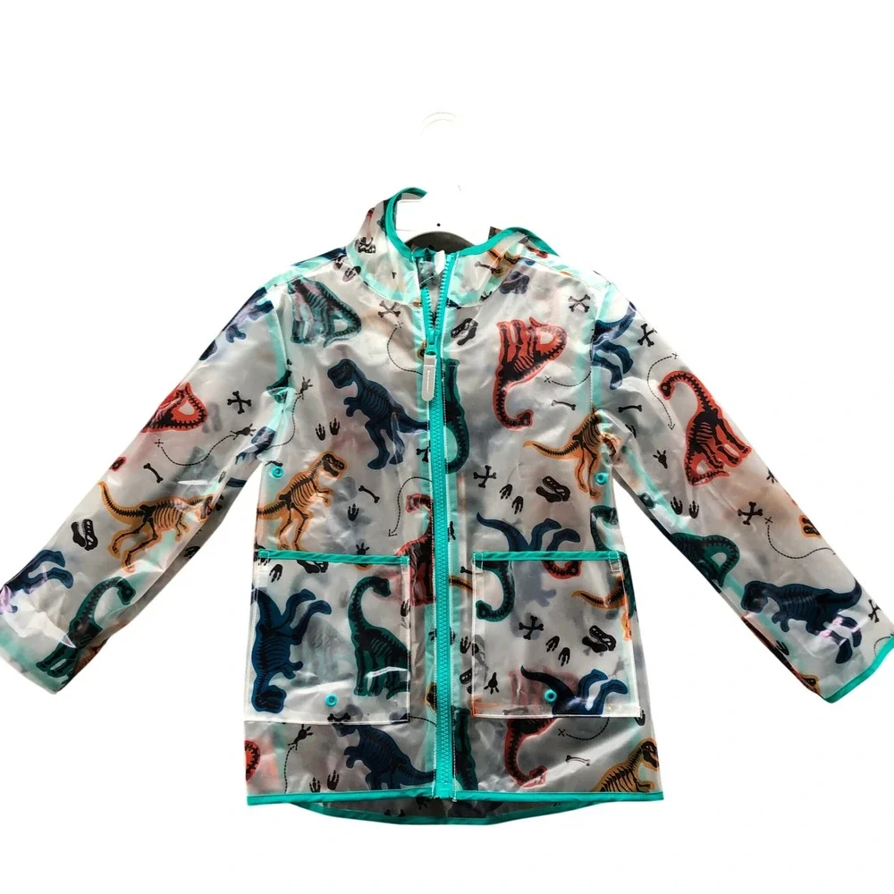 Lily & Dan Dinosaur Skeleton Raincoat Boys XS 4-5 Clear Teal Hooded Jacket Zip